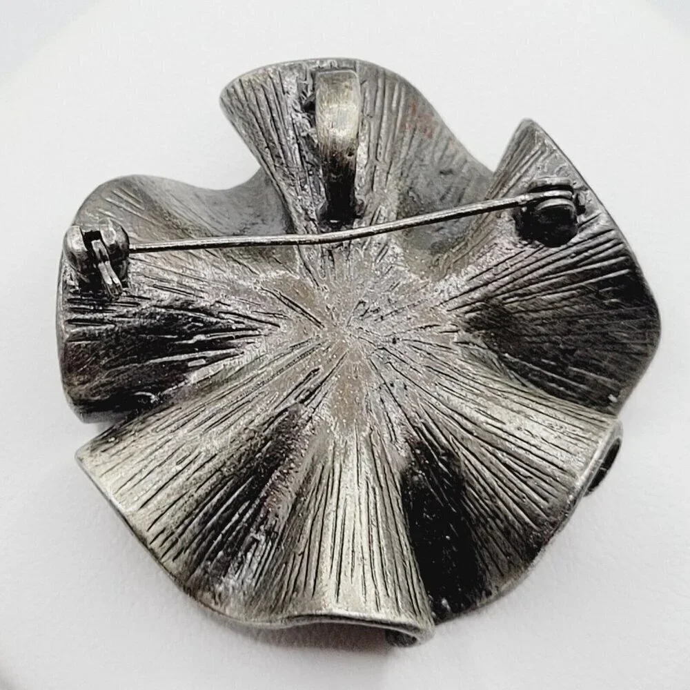 Premier Designs Camille Brooch Pendant Ruffled Ribbon Rhinestones Pewter Look